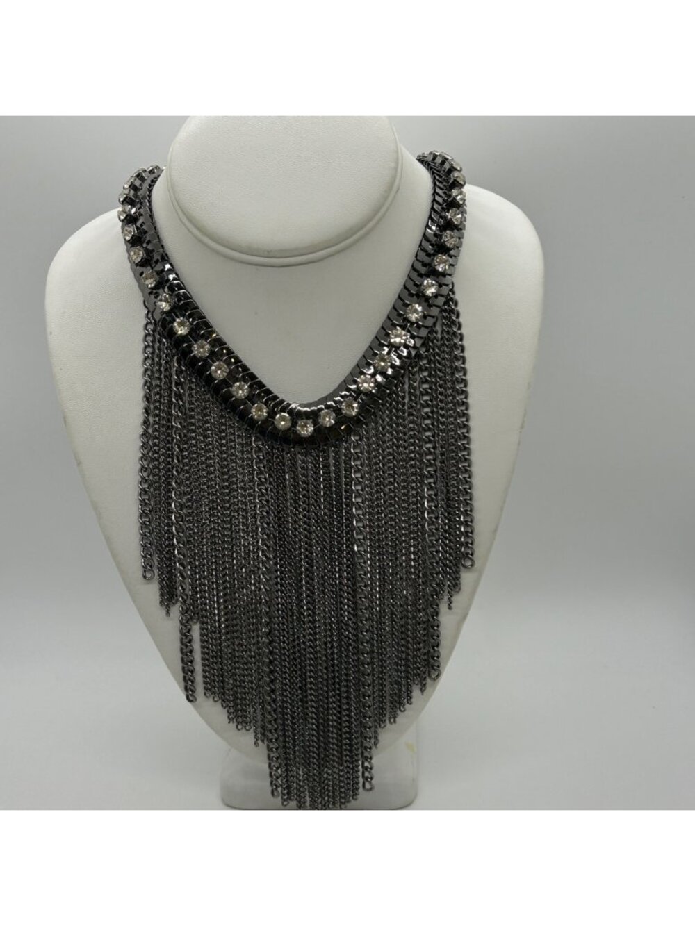 Gunmetal Rhinestone Statement Fringe Necklace Cascading Chain Tassel Bib Choker